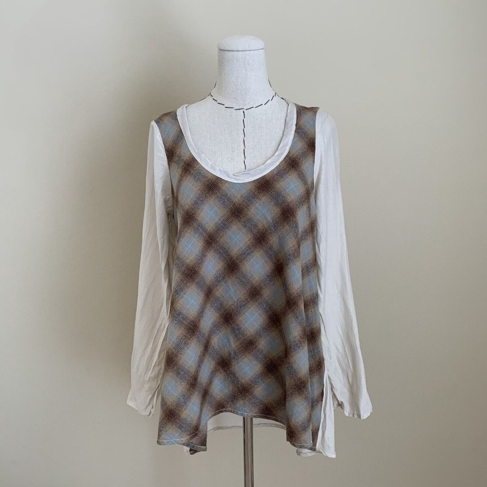 CP Shades Plaid M Cotton Silk Pullover Tunic Top Blouse Size XS Lagenlook Boho
